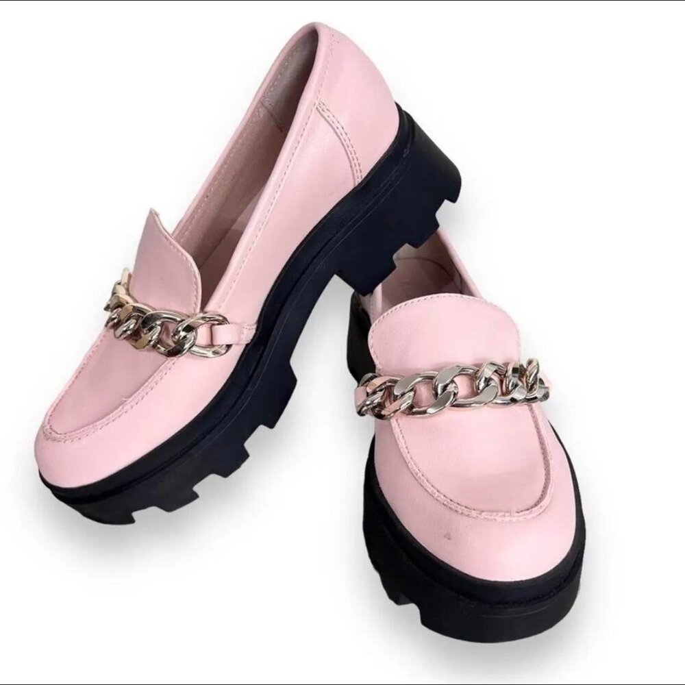 Open Edit pink loafers with chain.